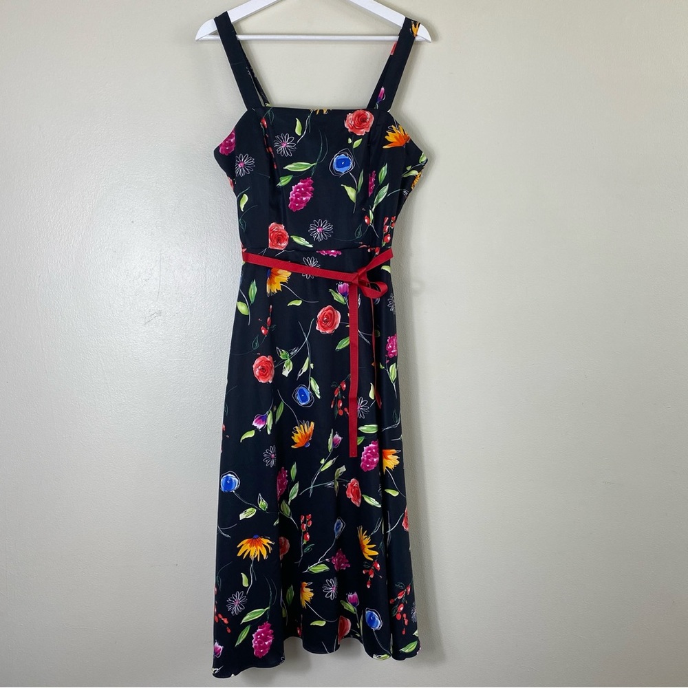 Coldwater Creek Dress Womens Black Floral Midi‎ Tie Waist NEW Casual size 10P